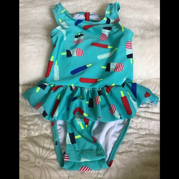 Cat and Jack swimsuit with Popsicles 2T turquoise. Colorful ruffled skirt - Picture 1 of 6